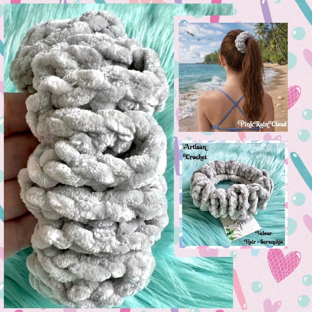 Handmade Jumbo VELVET Light Gray Chunky Crochet Hair Scrunchie PinkRainCloud